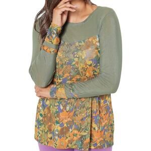 LOGO Layers by Lori Goldstein Printed Sheer‎ Mesh Top Floral Print Thyme LARGE